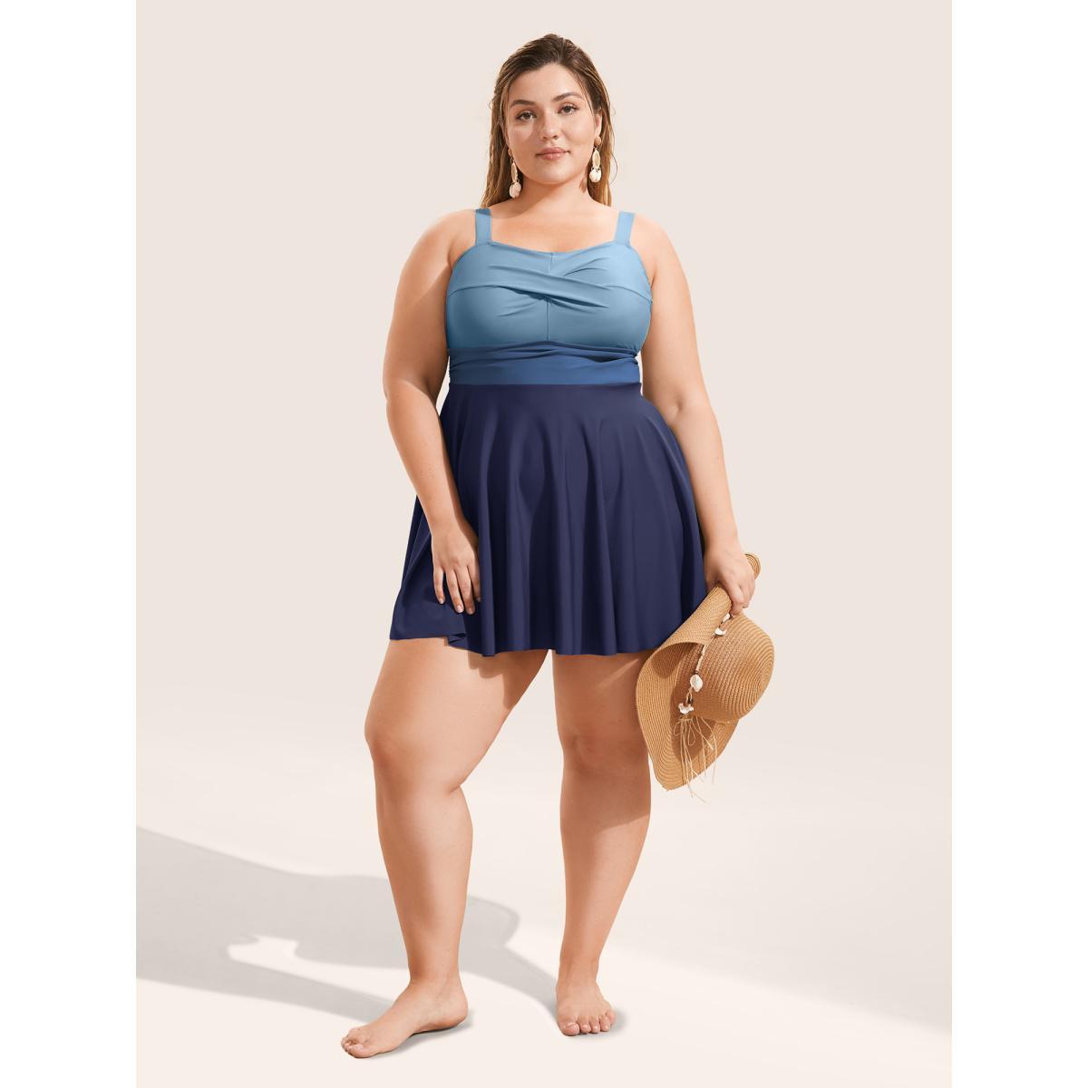 Plus Size Twist Front Patchwork Adjustable Straps Swim Dress Women's Swimwear Navy Beach Bodycon Heart neckline High stretch Curve Swim Dresses BloomChic 12/L Product Image