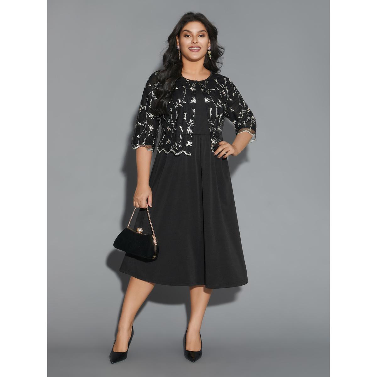 Plus Size Round Neck Floral Embroidered Dress Black Women Cocktail Texture Party Curvy Bloomchic 18-20/2X Product Image