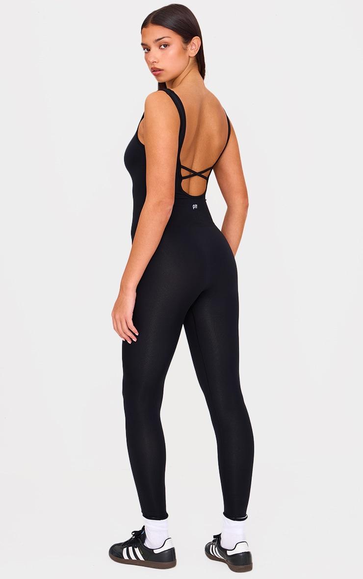 Black Seamless Cross Back Long Gym Unitard Product Image