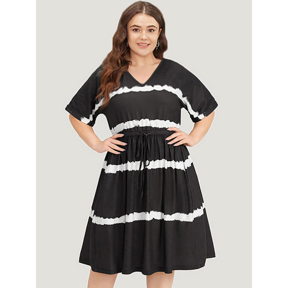 Plus Size Striped Tie Dye Pocket Drawstring Gathered Dress Black Women Casual Gathered V-neck Short sleeve Curvy Midi Dress BloomChic 10/M Product Image