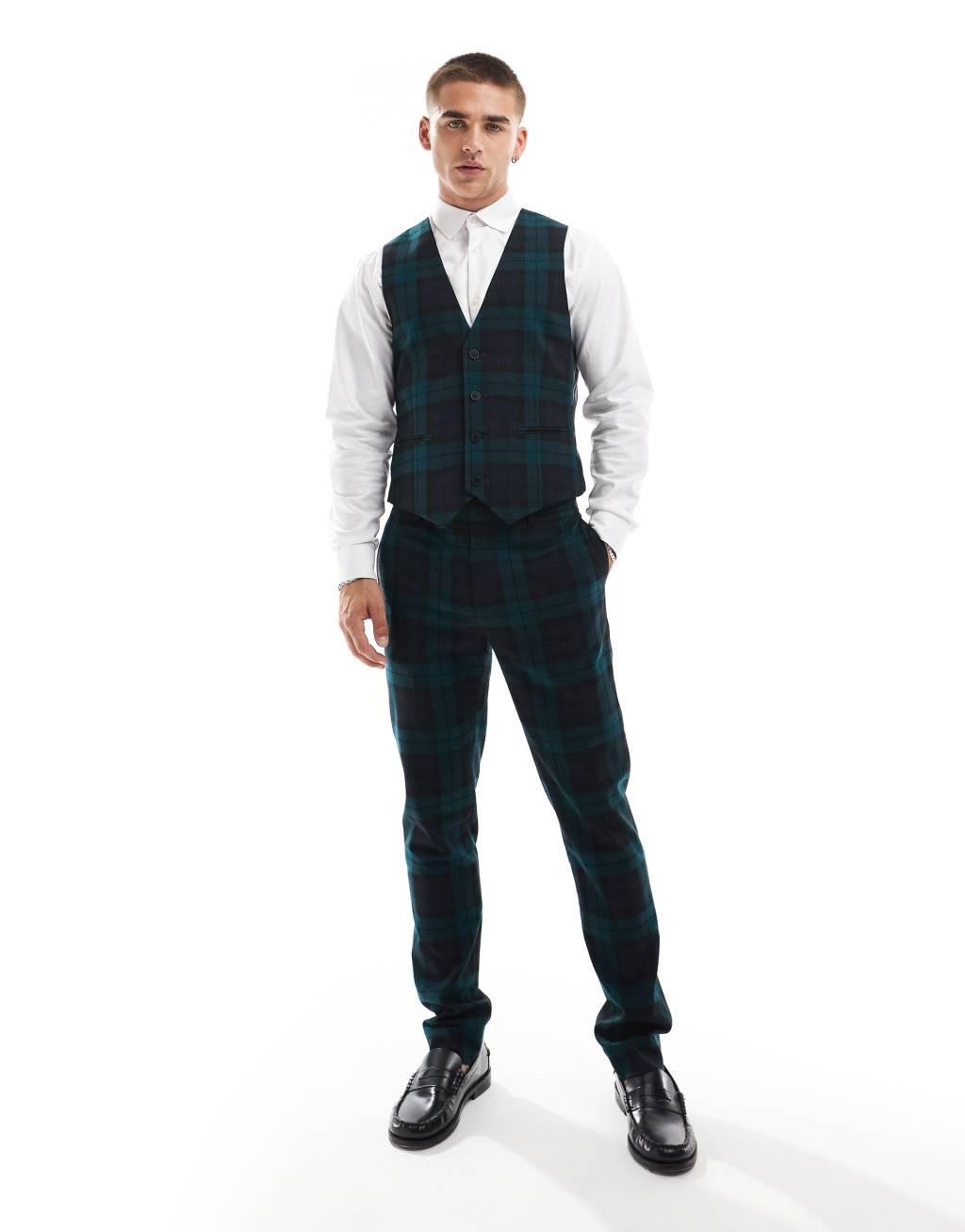 ASOS DESIGN skinny suit vest in dark green tartan Product Image