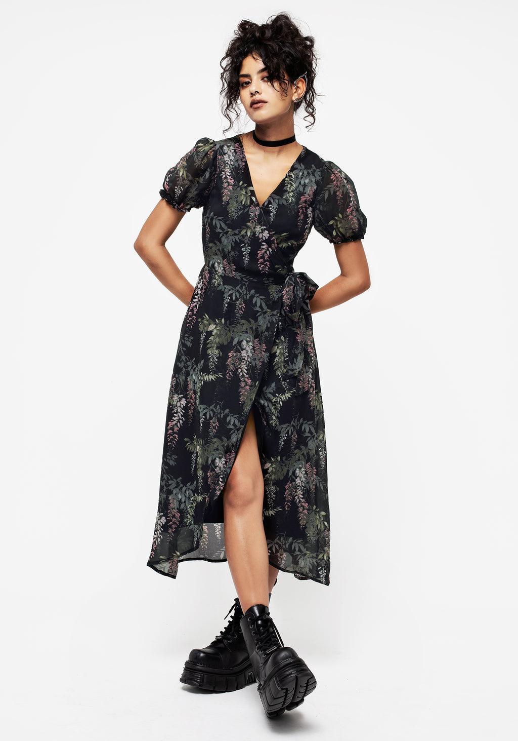 Wisteria Floral Print Chiffon Midi Wrap Dress Product Image