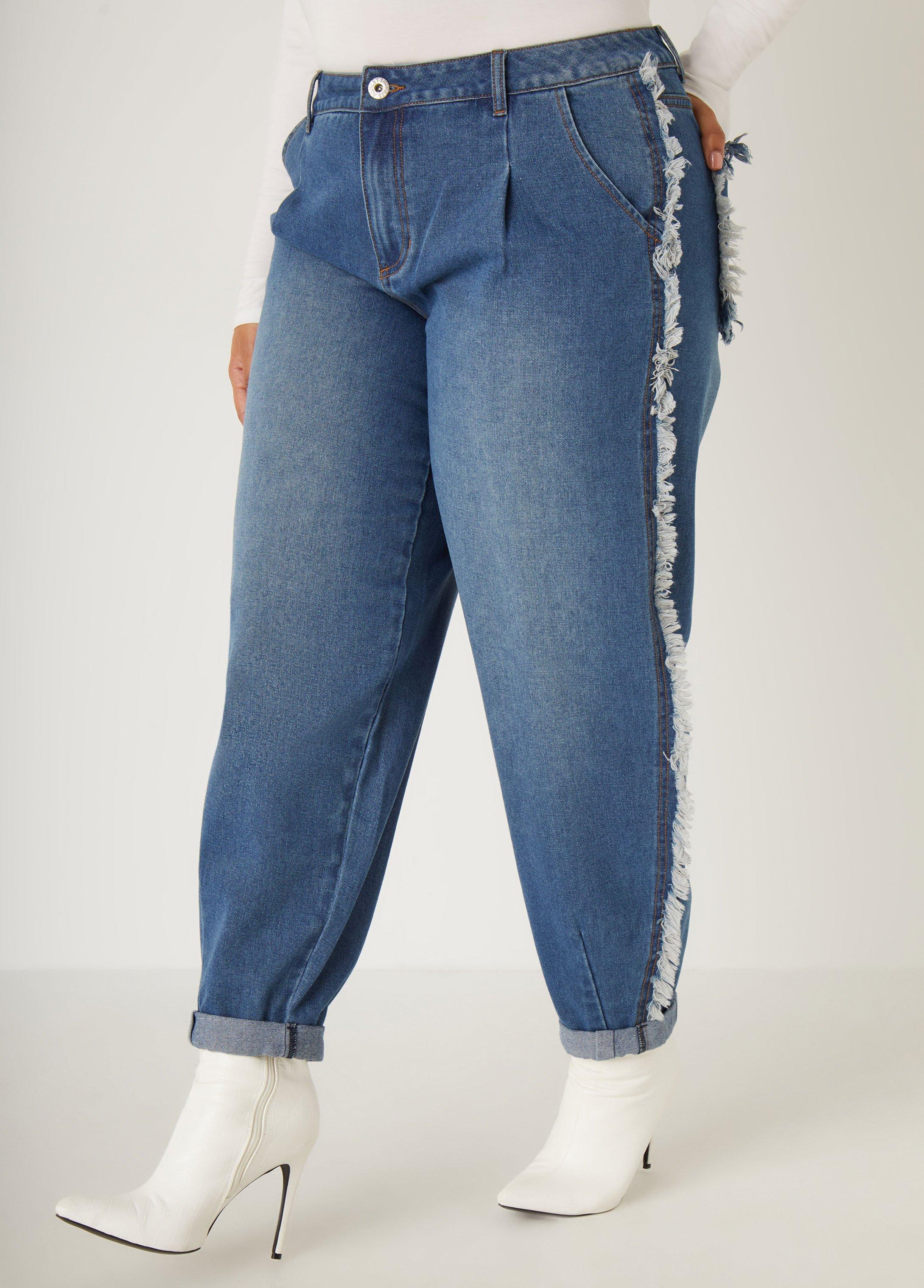 Plus Size Mid Rise Frayed Barrel Jeans Ashley Stewart Product Image