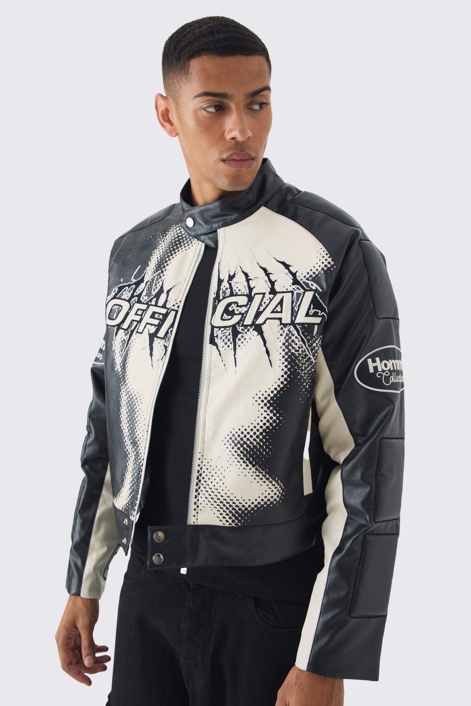 Boxy Official Printed PU Moto Jacket In Black | boohooMAN USA Product Image