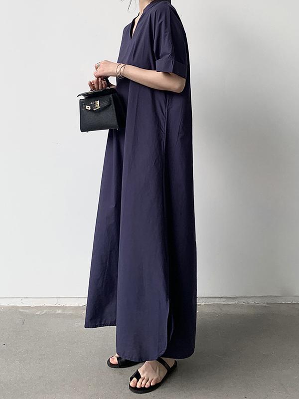 Loose Short Sleeves Solid Color V-Neck Maxi Dresses Product Image