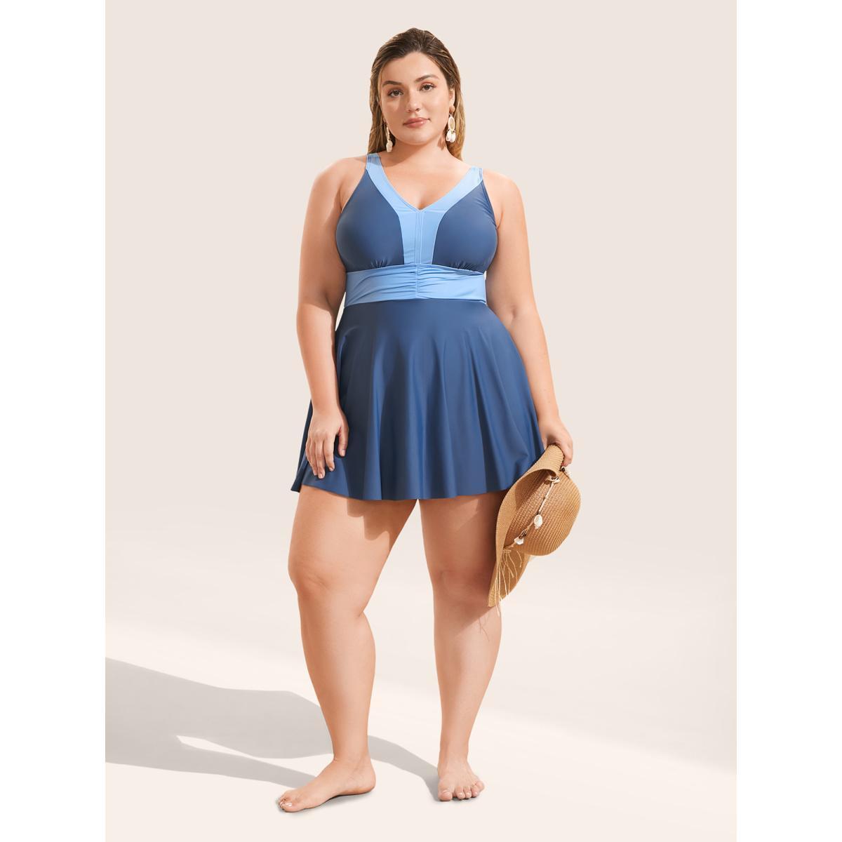 Plus Size Two Tone Patchwork Gathered Swim Dress Women's Swimwear Aegean Beach Bodycon V-neck High stretch Curve Swim Dresses BloomChic 14-16/1X Product Image