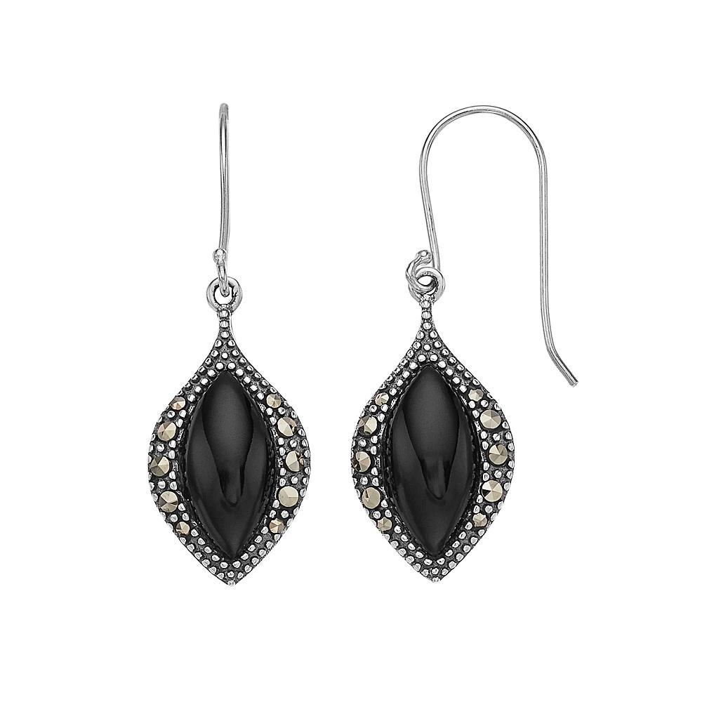 Tori Hill Sterling Silver Onyx & Marcasite Marquise Dangle Earrings, Women's Product Image