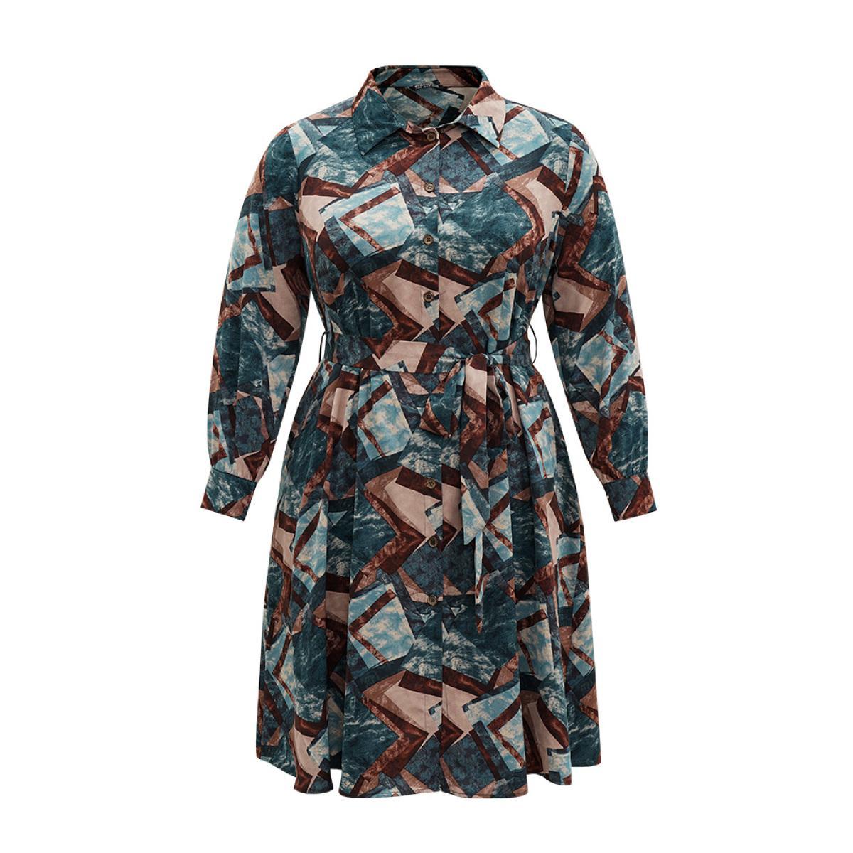 Plus Size Geometric Colorblock Button Through Belted Dress Aegean Women Office Belted Shirt collar Long Sleeve Curvy Midi Dress BloomChic 12/L Product Image