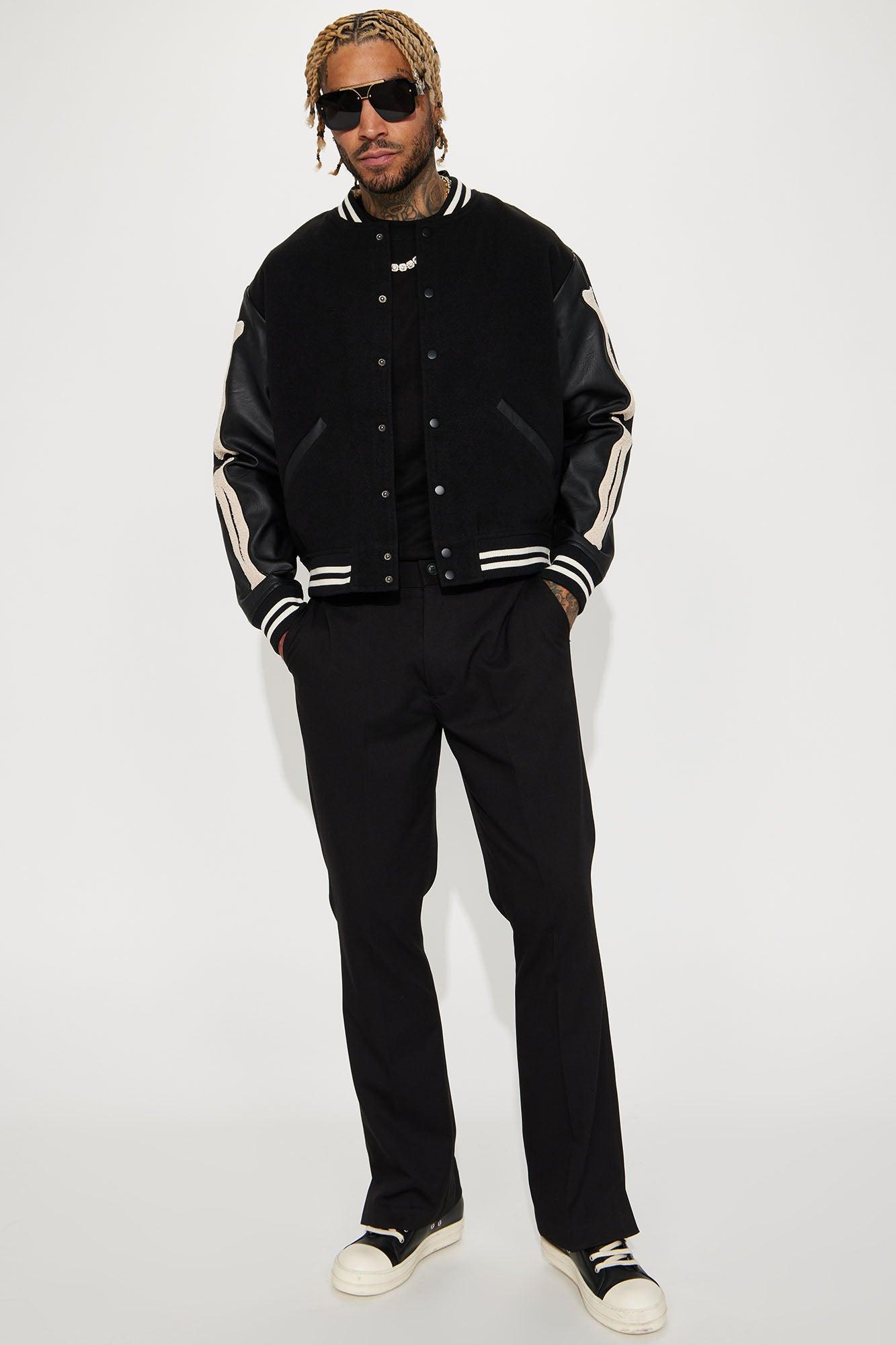 Bone Applique Varsity Bomber Jacket - Black Product Image