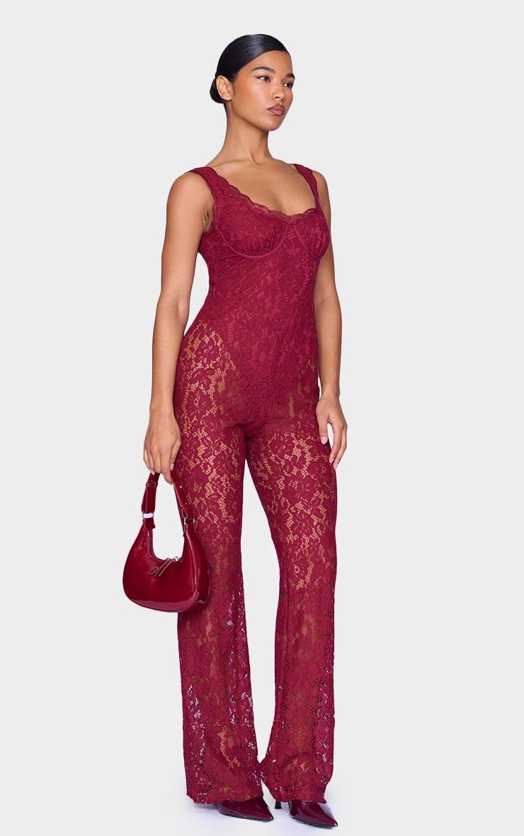 Burgundy Lace Boning Detail Strappy Flared Jumpsuit Product Image