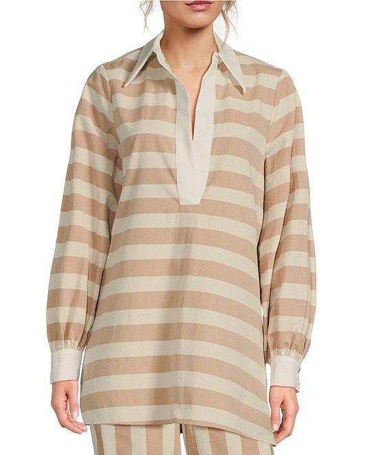 COREY LYNN CALTER Shadi Woven Stripe Print Split Collar V-Neck Long Sleeve Shirt Product Image