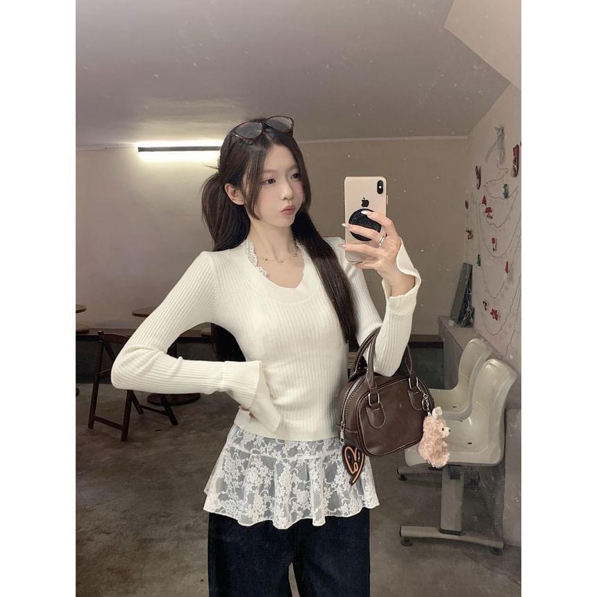 Long Sleeve Scoop Neck Plain Ribbed Knit Top Product Image