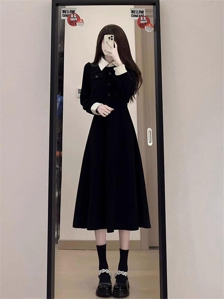 Long Sleeve Lapel Collared Two Tone Midi A-Line Dress Product Image