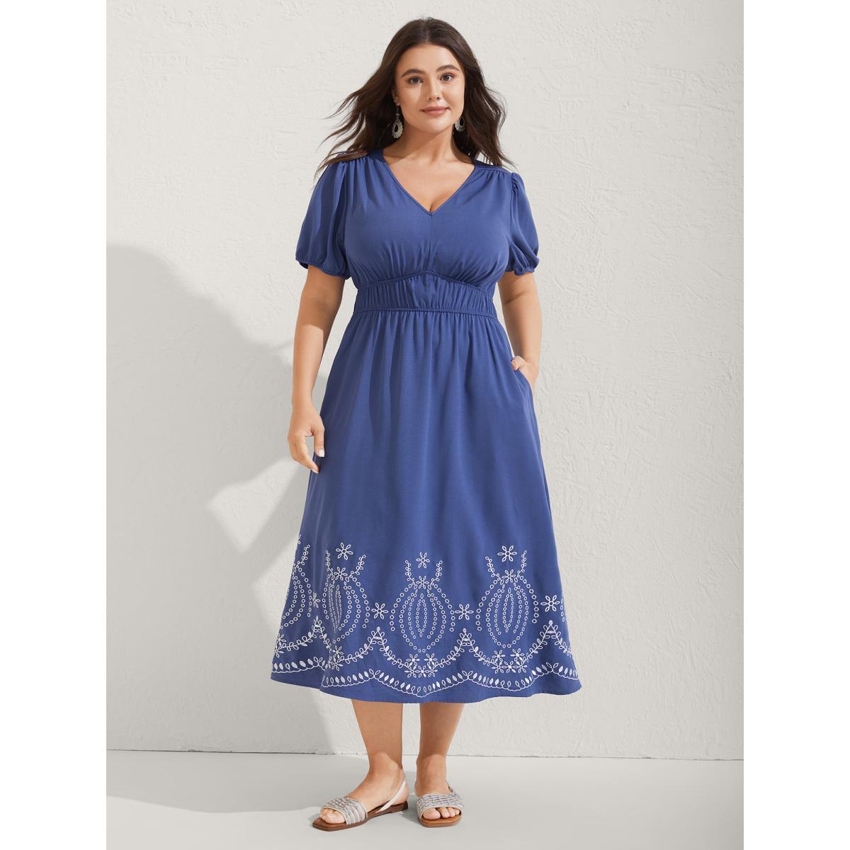 Plus Size Embroidered Hem Stretchy Waist Midi Dress Cerulean Women Non Short sleeve Curvy BloomChic 14-16/1X Product Image