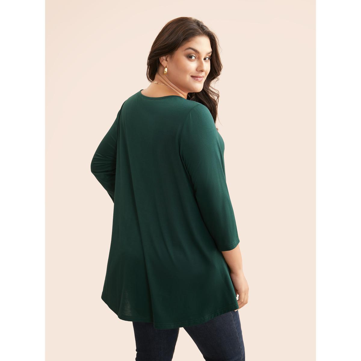 Plus Size Solid Crew Neck Medium Stretch T-shirt DarkGreen Women Casual Non Round Neck Everyday T-shirts BloomChic 30/6X Product Image