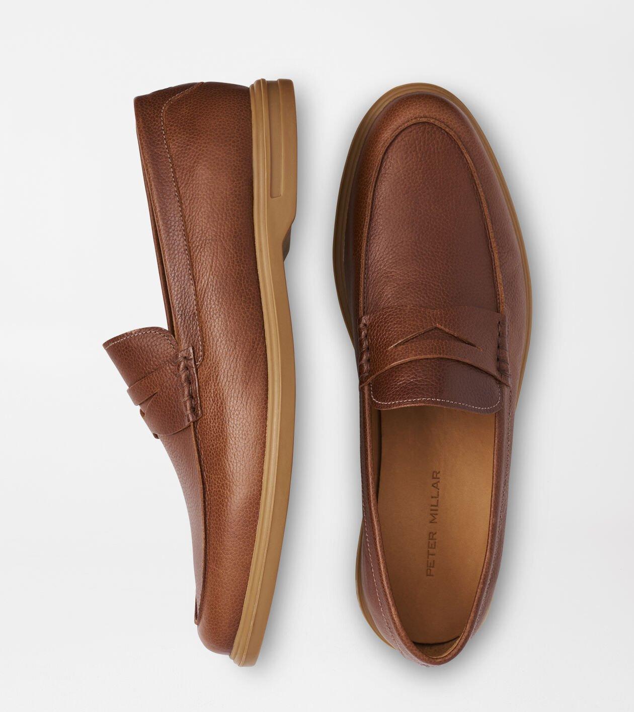 Peter Millar Mens Excursionist Pebble Grain Penny Loafer | Color: Cognac | Size: 12 Product Image