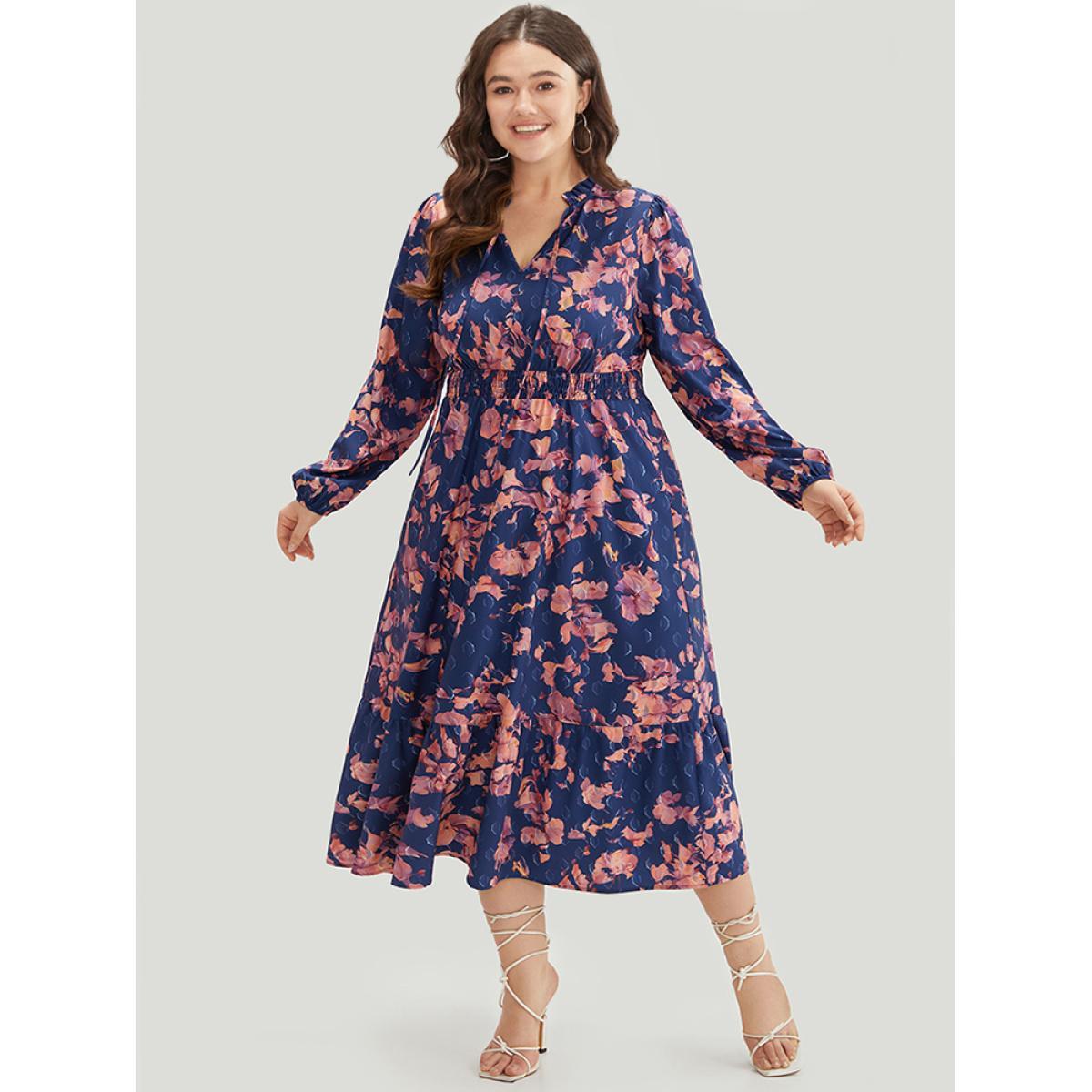 Plus Size Floral Print Shirred Frill Trim Ties Dress DarkBlue Women Elegant Elastic cuffs Tie Neck Long Sleeve Curvy Midi Dress BloomChic 10/M Product Image