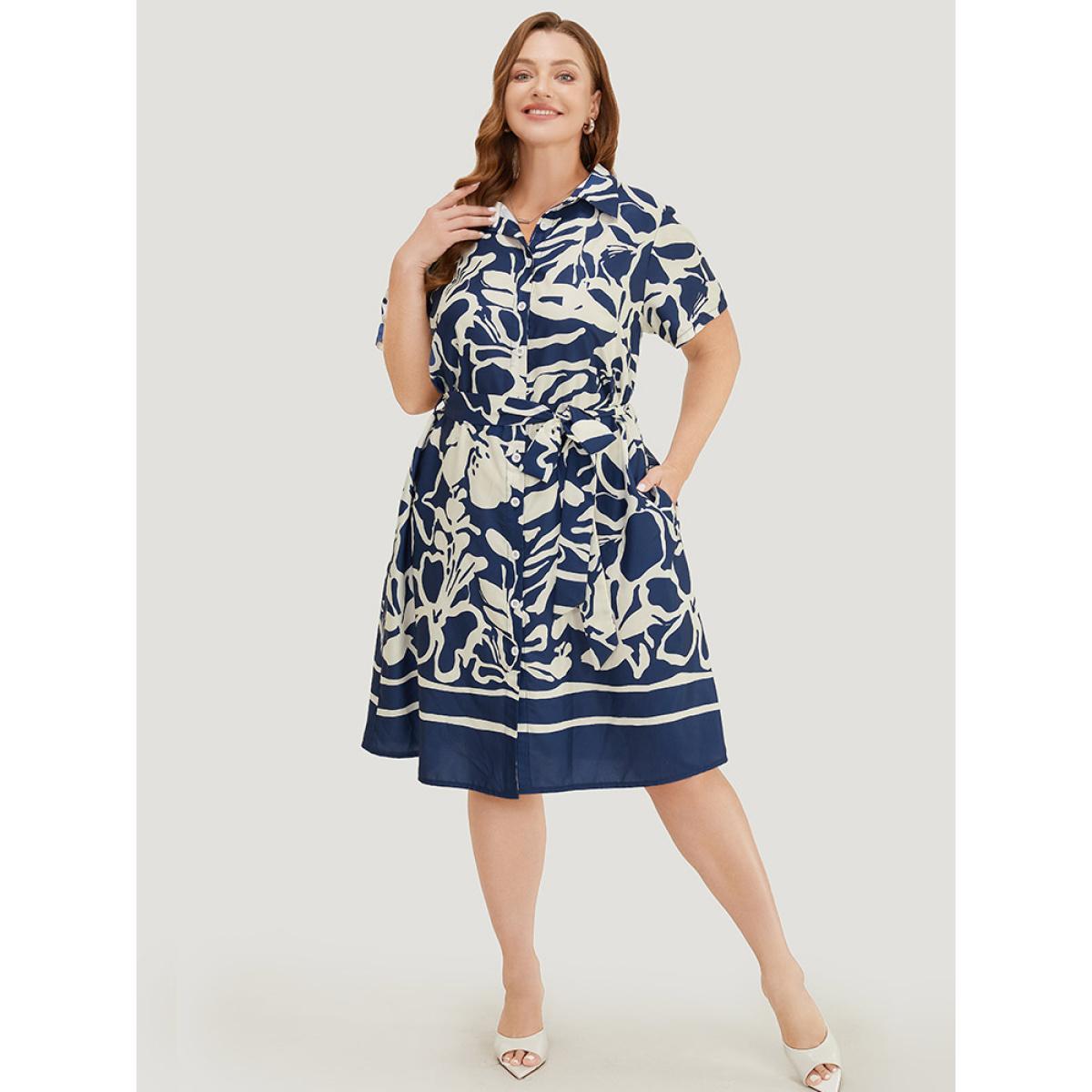 Plus Size Geometric Print Flutter Pocket Belt Shirt Collar Dress DarkBlue Women Elegant Lapel Collar Short sleeve Curvy Knee Dress BloomChic 30/6X Product Image