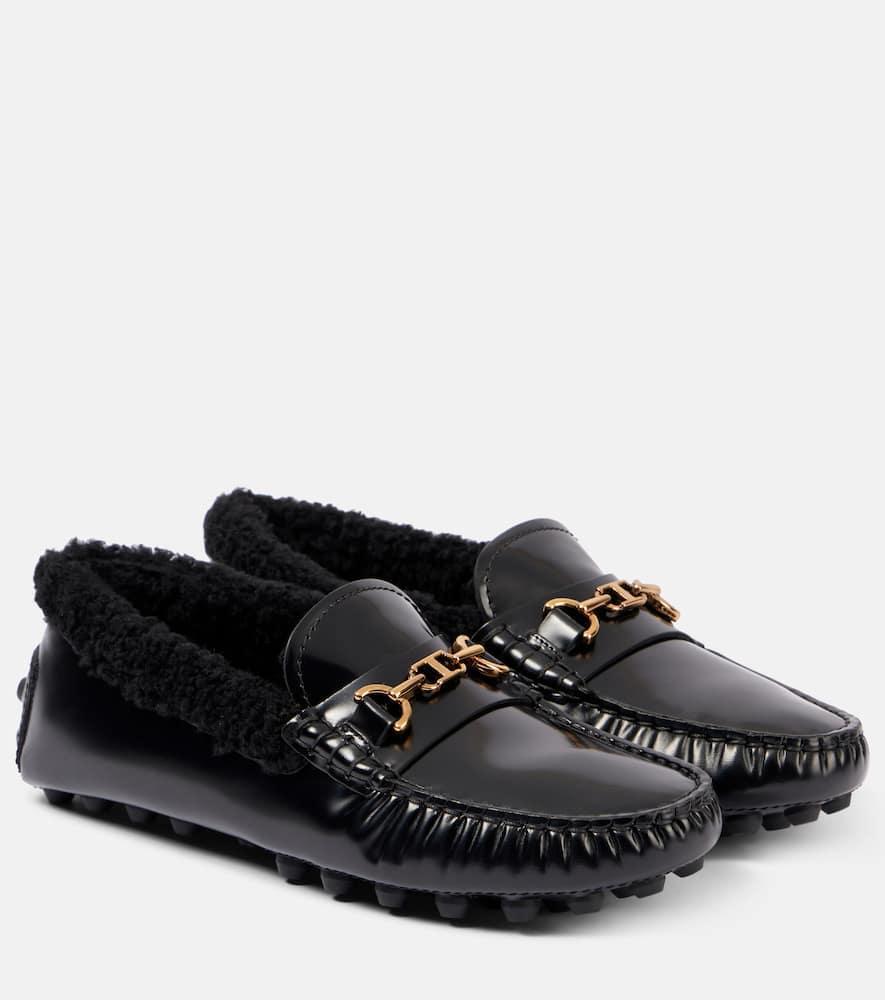 TOD'S Gommino Macro Embellished Shearling-trimmed Leather Loafers In Black Product Image