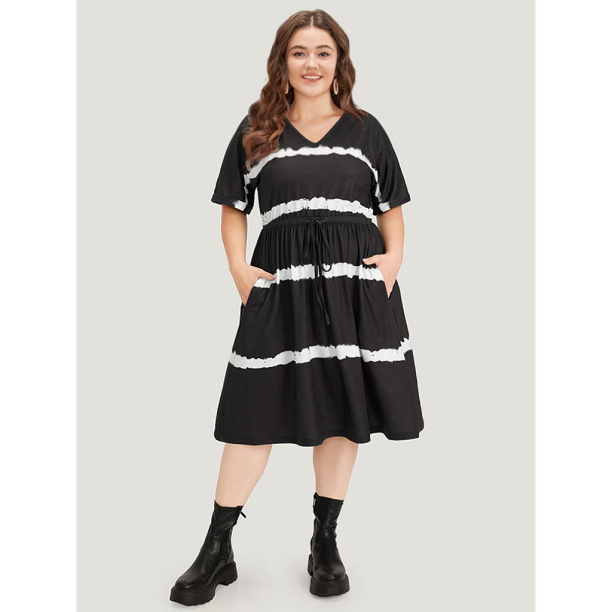 Plus Size Striped Tie Dye Pocket Drawstring Gathered Dress Black Women Casual Gathered V-neck Short sleeve Curvy Midi Dress BloomChic 10/M Product Image