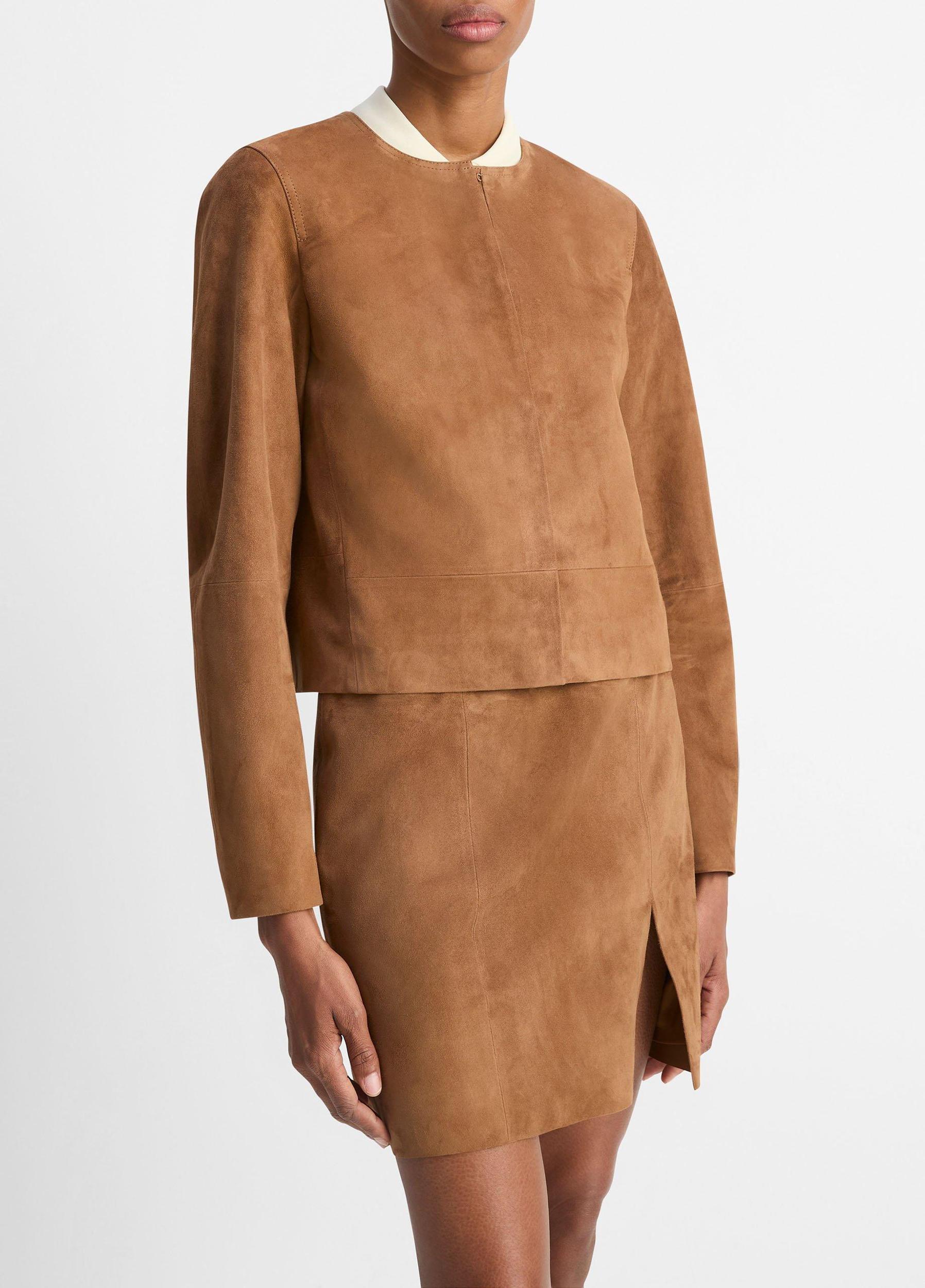 Collarless Cropped Suede Jacket Product Image