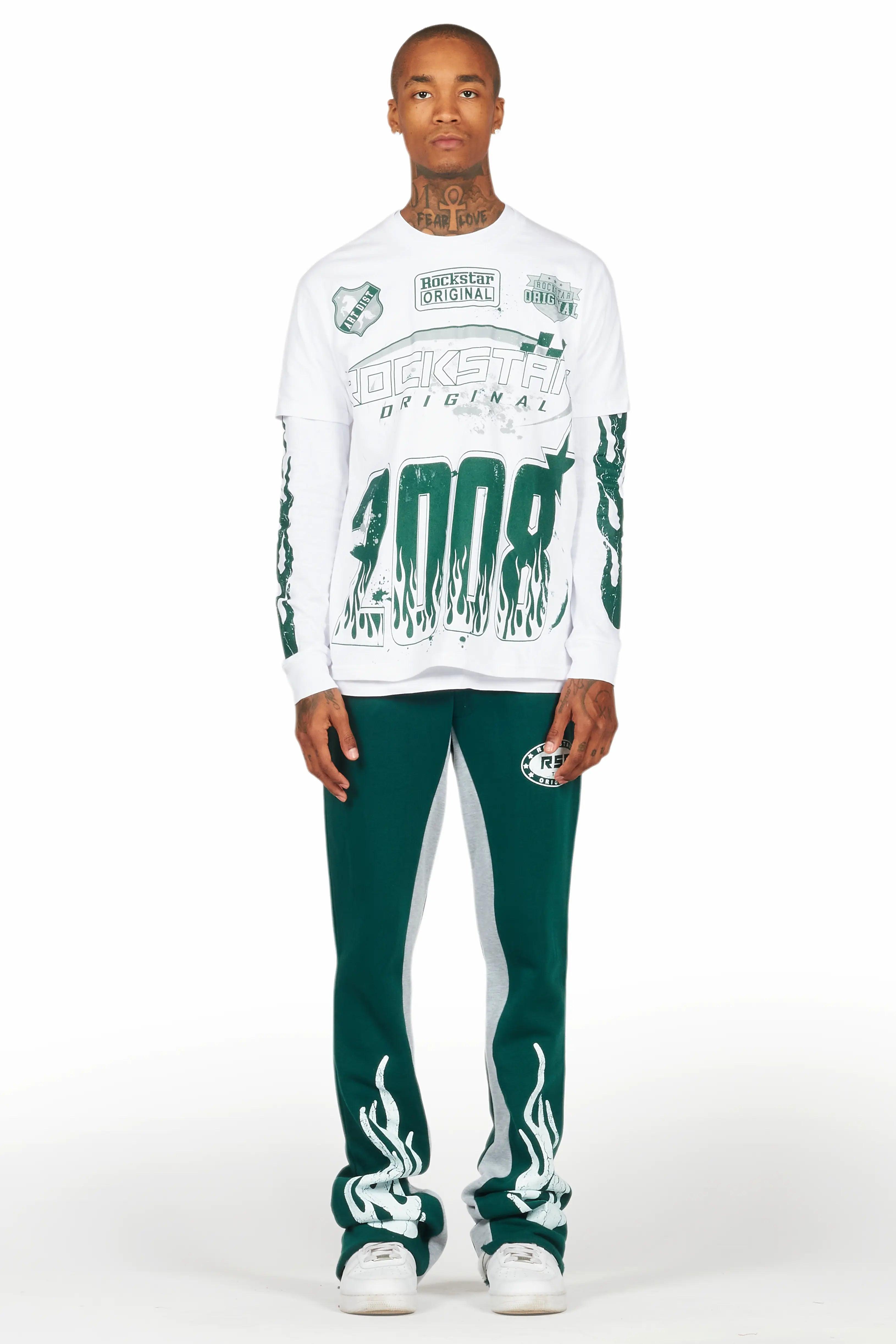 Amos White/Green Double Layer T-Shirt/Stacked Baggy Pant Set Male Product Image