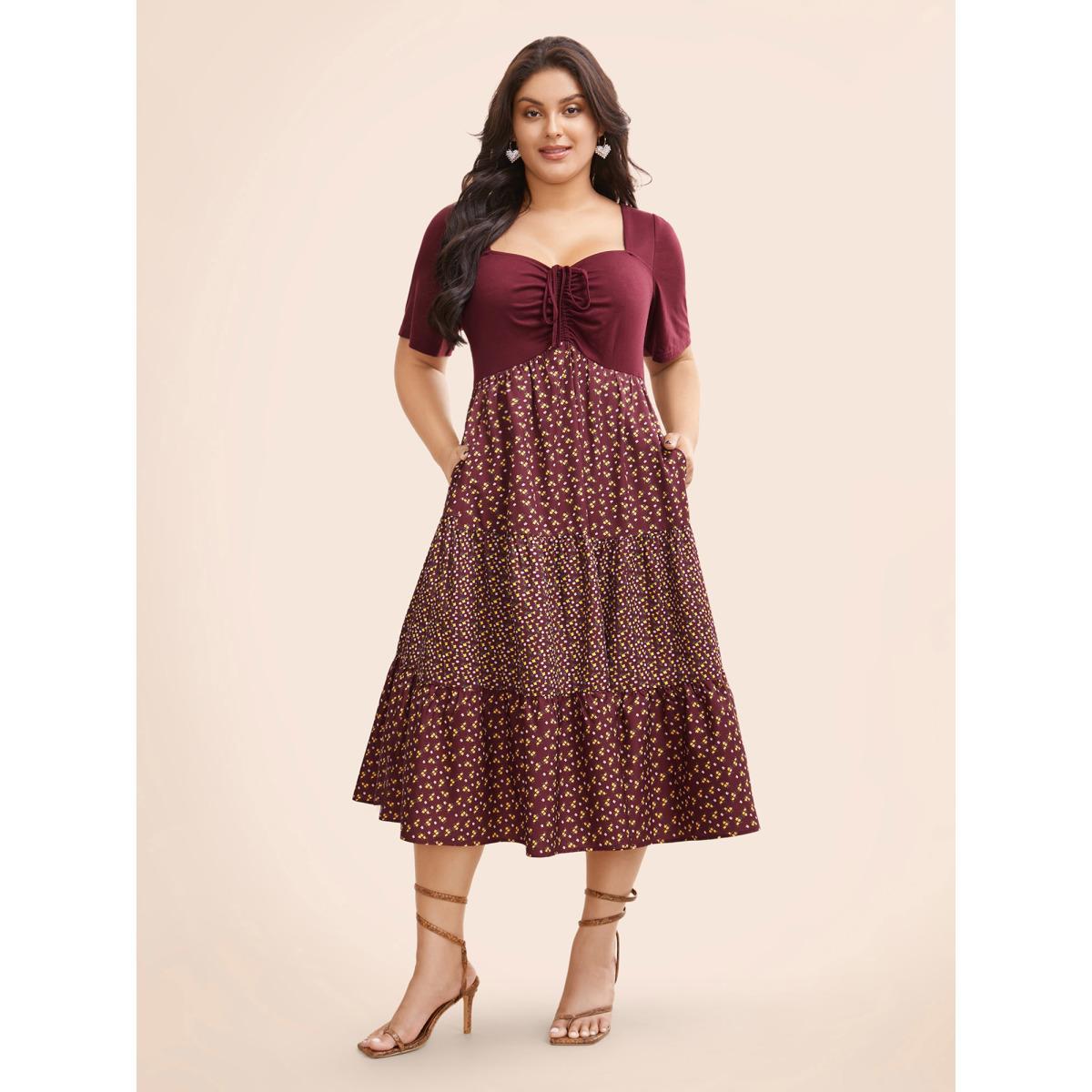 Plus Size Ditsy Floral Patchwork Ruffle Layered Hem Dress Burgundy Women Elegant Patchwork Heart neckline Short sleeve Curvy BloomChic 28/5X Product Image