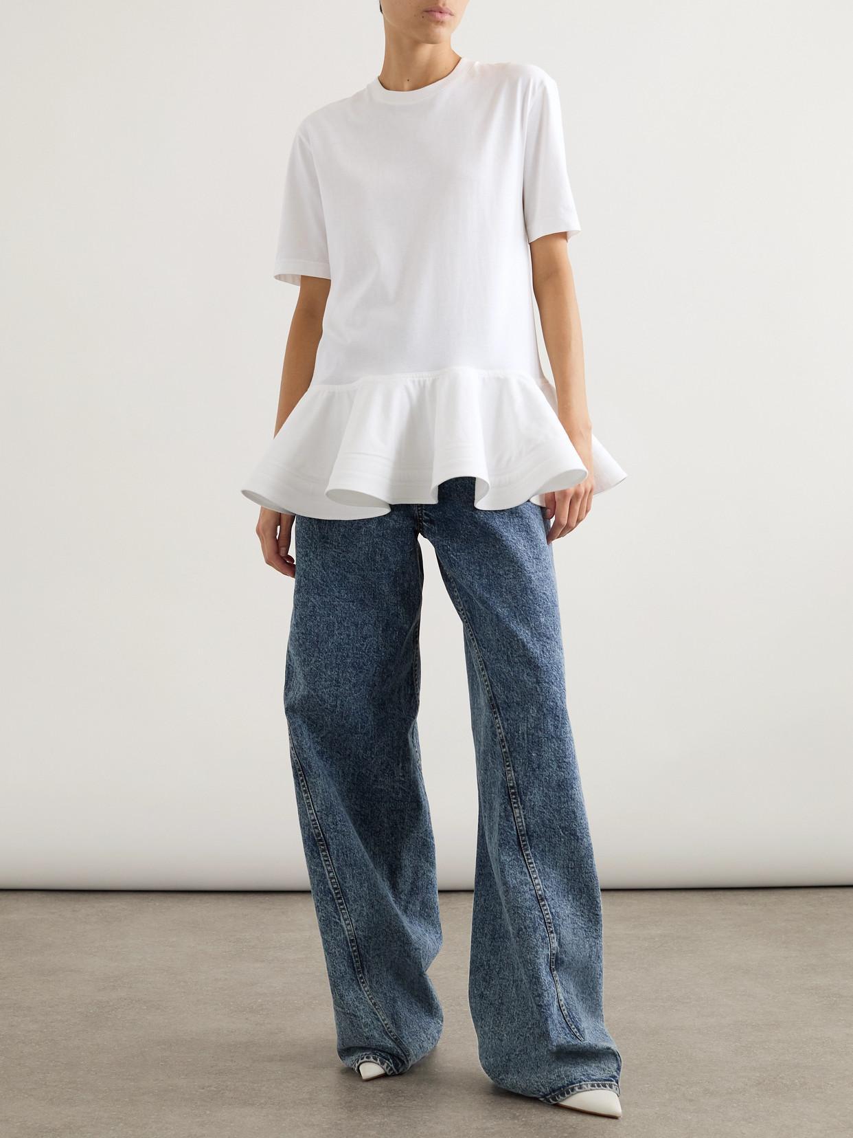 ALAÏA Oversized Poplin-trimmed Cotton-jersey Peplum T-shirt In White Product Image