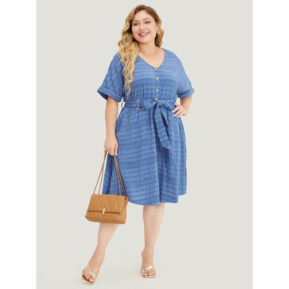 Plus Size Solid Textured Pocket Roll Batwing Sleeve Button Up Knee Dress Stone Women Office Cross straps V-neck Short sleeve Curvy Knee Dress BloomChic 28/5X Product Image
