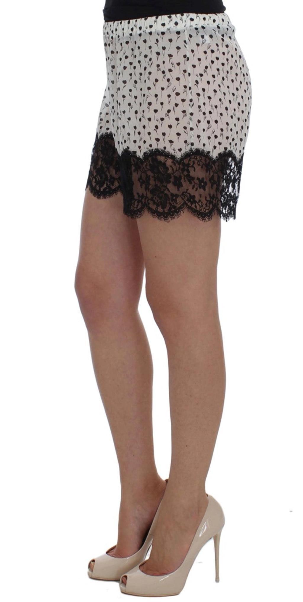 DOLCE & GABBANA White Black Floral Lace Silk Sleepwear Shorts Product Image