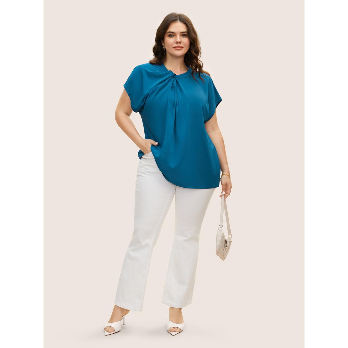 Plus Size Mediumblue Twist Front Pleated Dolman Sleeve Blouse Women At the Office Short sleeve Mock Neck Work Blouses BloomChic 26/4X Product Image