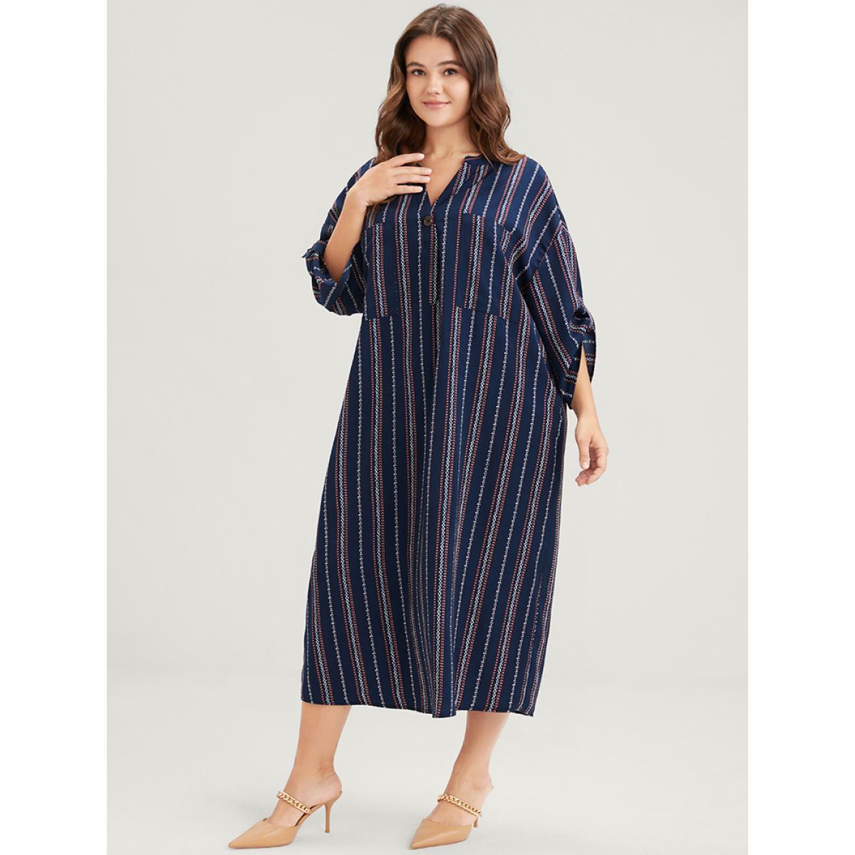 Plus Size Asymmetrical Striped Patchwork Button Pocket Cuffed Sleeve Midi Dress DarkBlue Women Vacation Button V-neck Long Sleeve Curvy Midi Dress BloomChic 30/6X Product Image