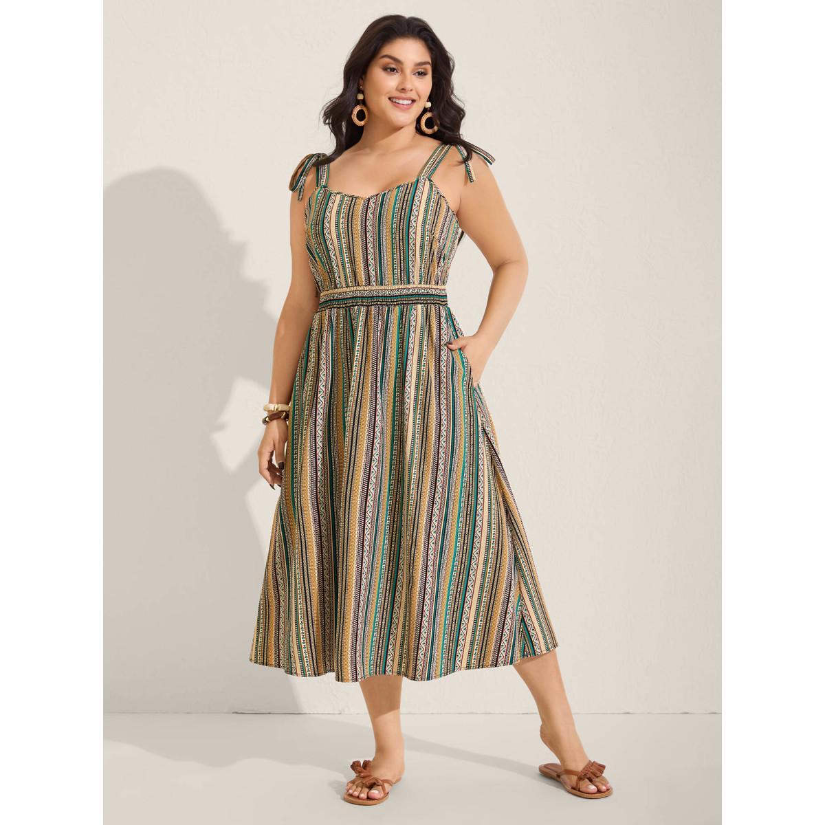 Plus Size Boho Stripe Knotted Straps Midi Dress Multicolor Women Non Sleeveless Curvy BloomChic 22-24/3X Product Image