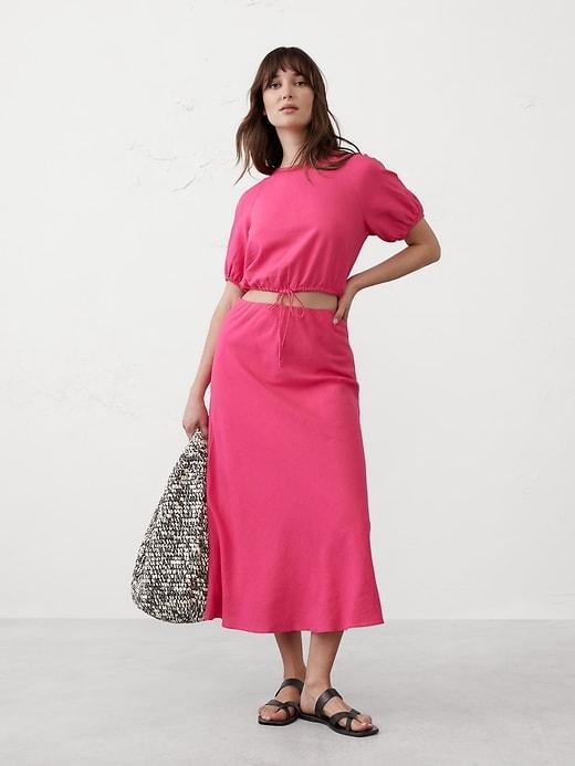 Linen-Blend Midi Slip Skirt Product Image