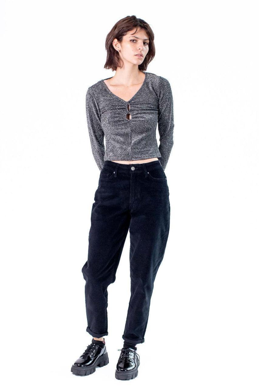 Silver Sparkle Long Sleeved Cutout Top Product Image