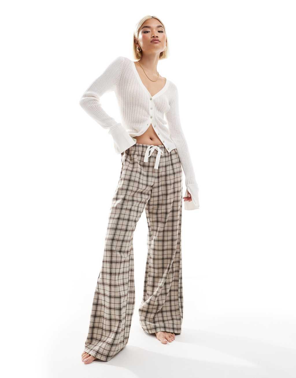 Monki wide leg pajama pants in beige check Product Image