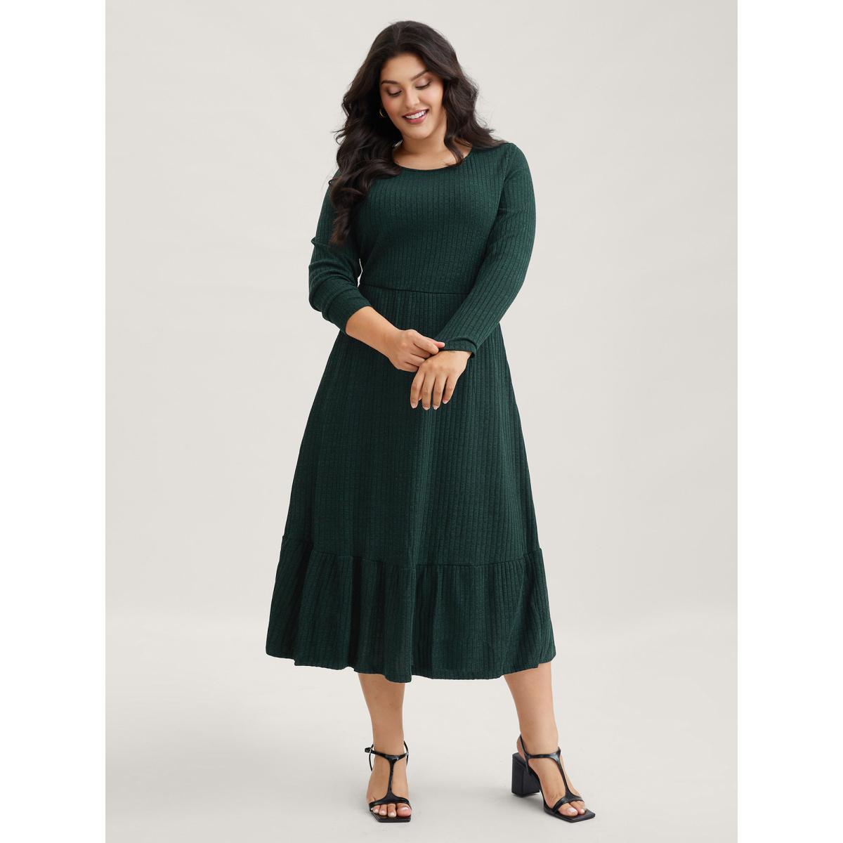 Plus Size Solid Pocket Rib Knit Ruffle Hem Dress Without Belt DarkGreen Women Leisure Non Round Neck Long Sleeve Curvy Midi Dress BloomChic 28/5X Product Image