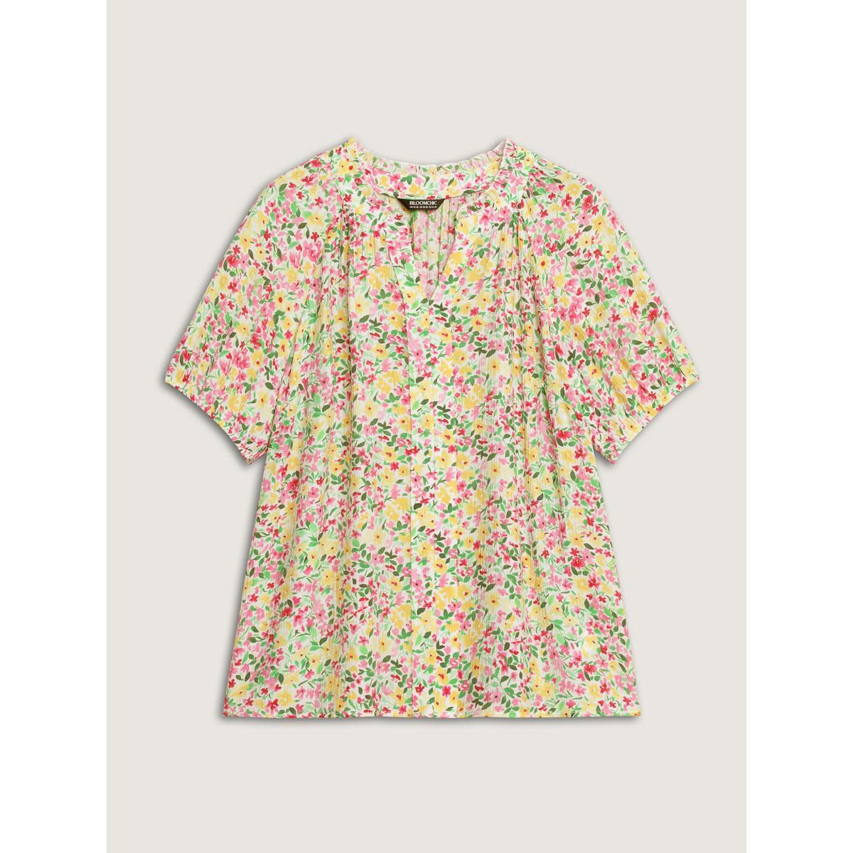 Plus Size Multicolor Floral Print Puff Sleeve Flowy Blouse Women Short sleeve Flat collar with V-notch Everyday-Elegant Blouses BloomChic 22-24/3X Product Image