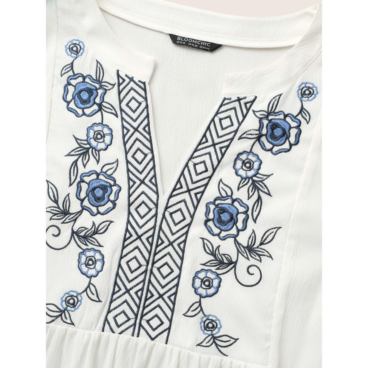 Plus Size Ivory Boho Print Embroidered Gathered Notched Blouse Women Resort Half Sleeve Flat collar with V-notch Vacation Blouses BloomChic 26/4X Product Image