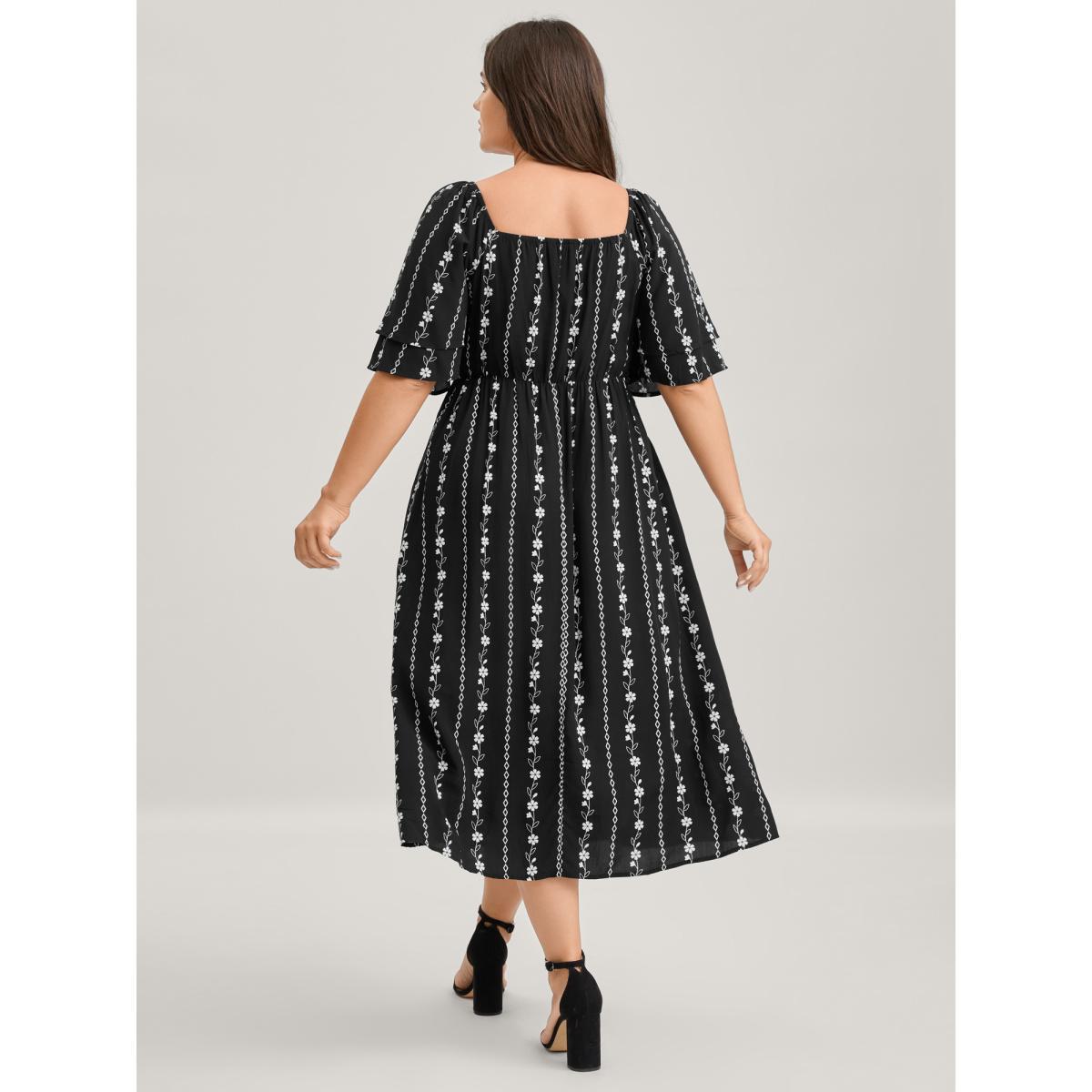 Plus Size Floral Stripes Layered Ruffle Sleeve Midi Dress Black Women Timeless Shirred Square Neck Short sleeve Curvy BloomChic 28/5X Product Image
