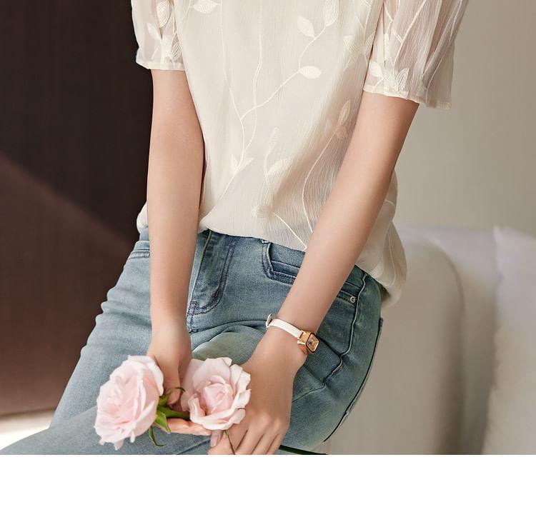 Short-Sleeve Crew Neck Embroidered Blouse Product Image