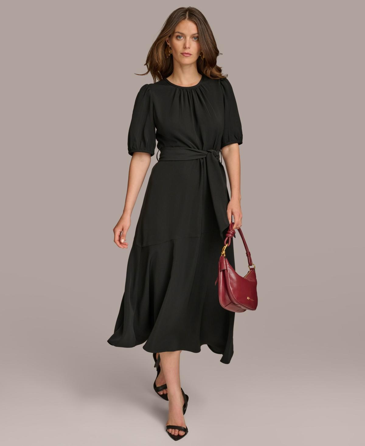 Donna Karan Womens Puff-Sleeve Belted A-Line Dress Product Image