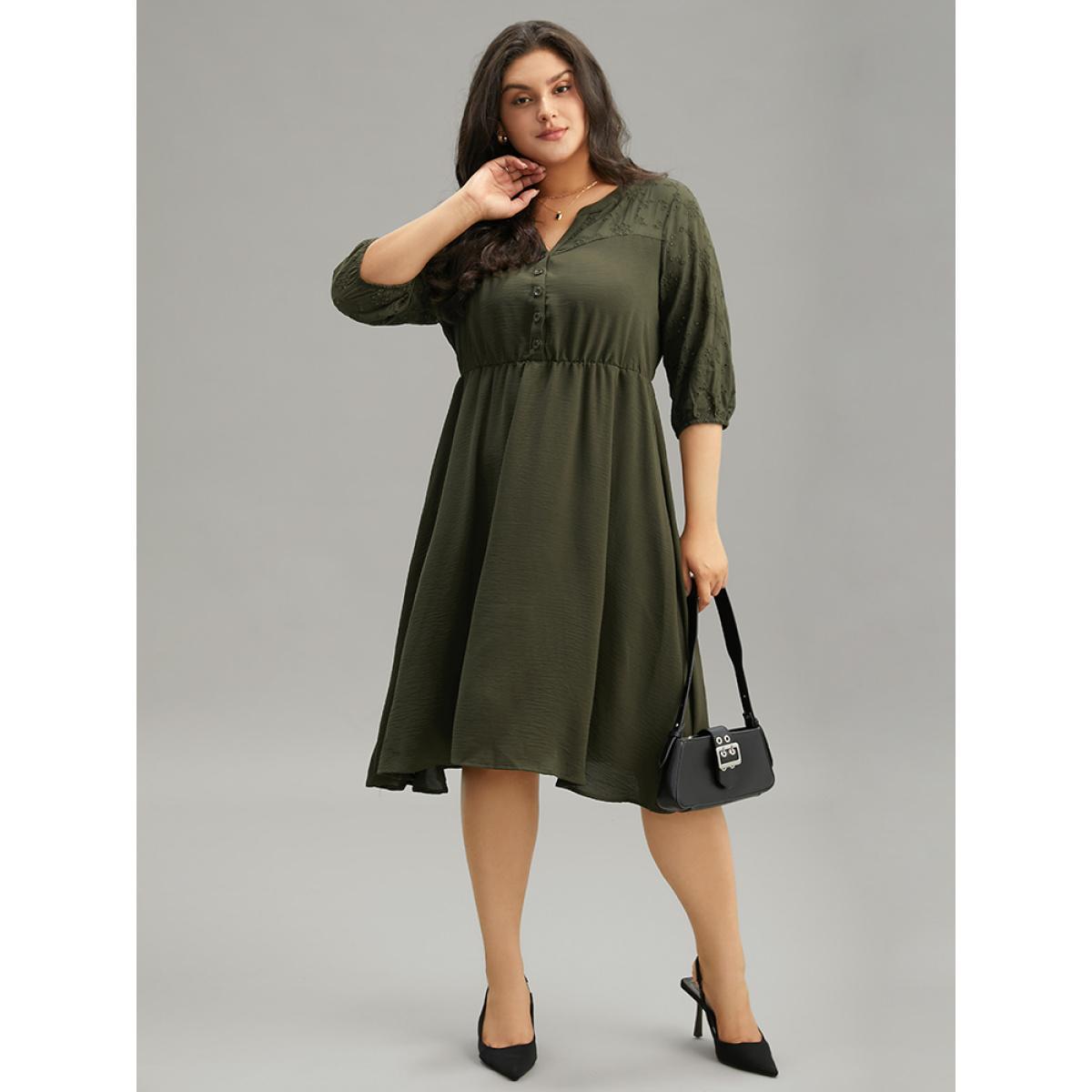 Plus Size Solid Notched Eyelet Patchwork Dress ArmyGreen Women Office Elastic cuffs Notched collar Elbow-length sleeve Curvy Midi Dress BloomChic 10/M Product Image