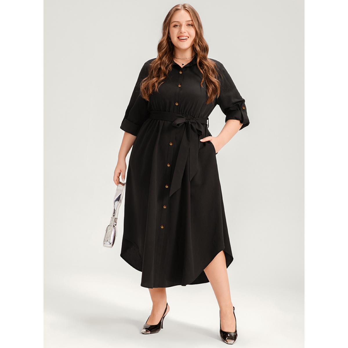Plus Size Solid Shirt Collar Button Up Belted Arc Hem Dress Black Women Office Belted Shirt collar Long Sleeve Curvy Midi Dress BloomChic 22-24/3X Product Image