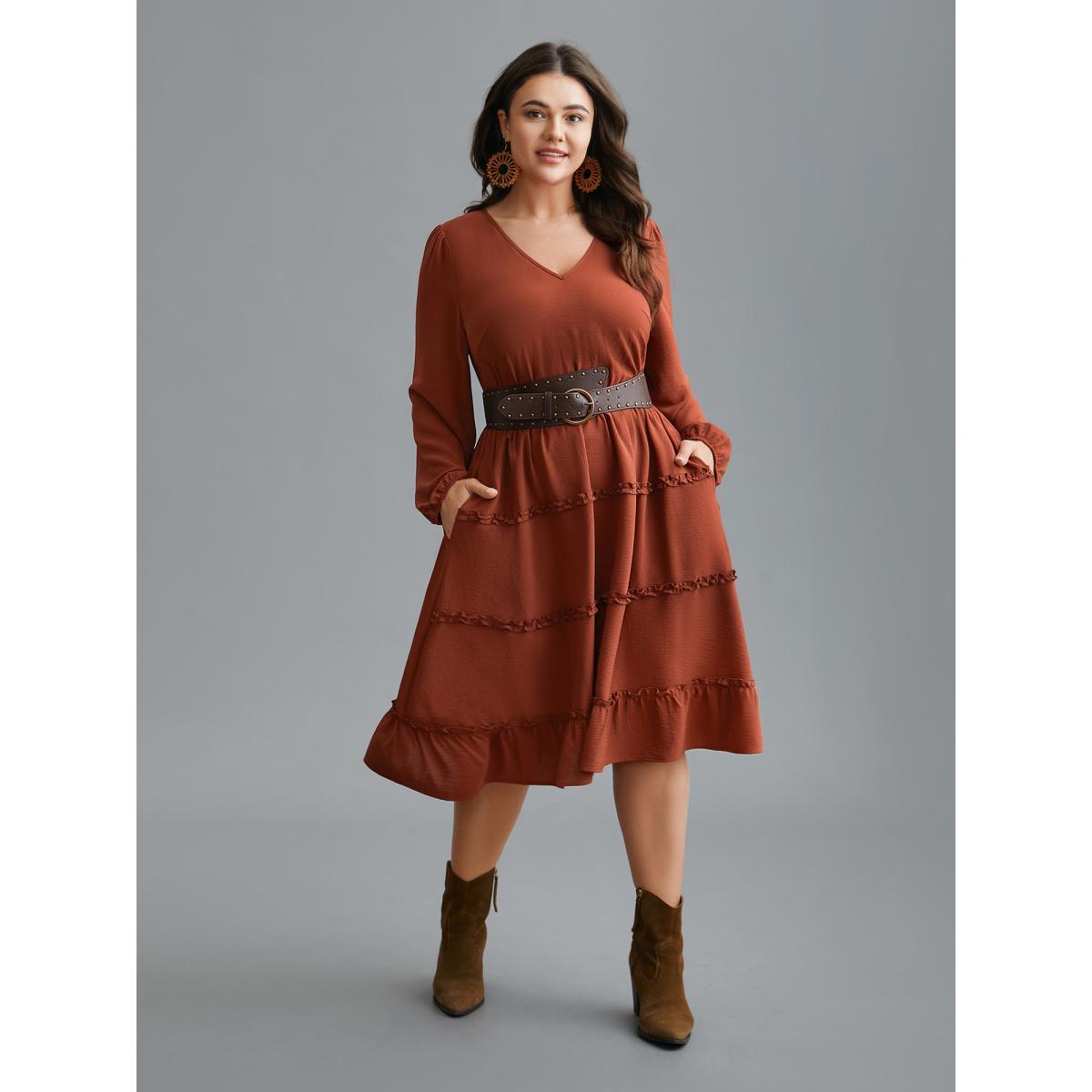 Plus Size Plain Frill Trim Ruffle Layered Hem Dress Russet Women Resort Gathered V-neck Long Sleeve Curvy BloomChic 28/5X Product Image