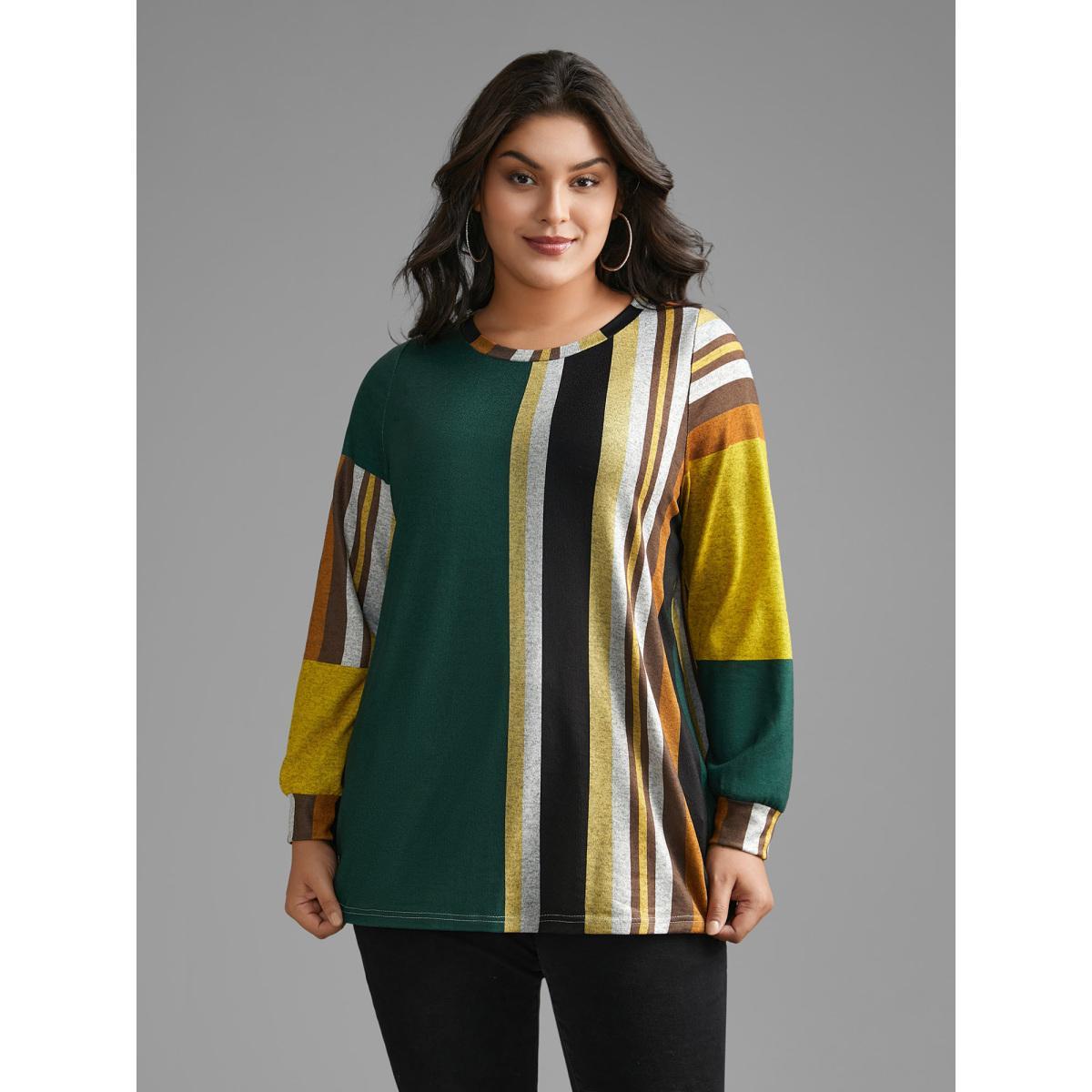 Plus Size Colored Striped Crew Neck T-shirt Multicolor Women Casual Contrast Round Neck Loose Everyday T-shirts BloomChic 28/5X Product Image