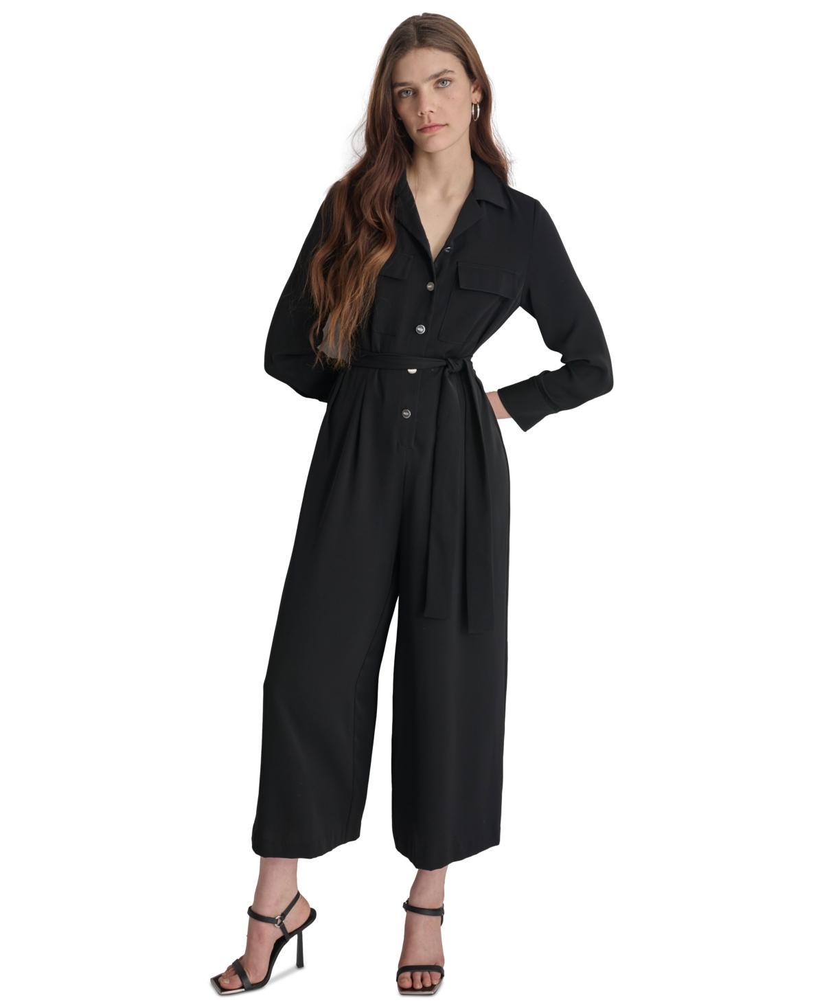 Dkny Womens Button-Front Belted Wide-Leg Jumpsuit Product Image