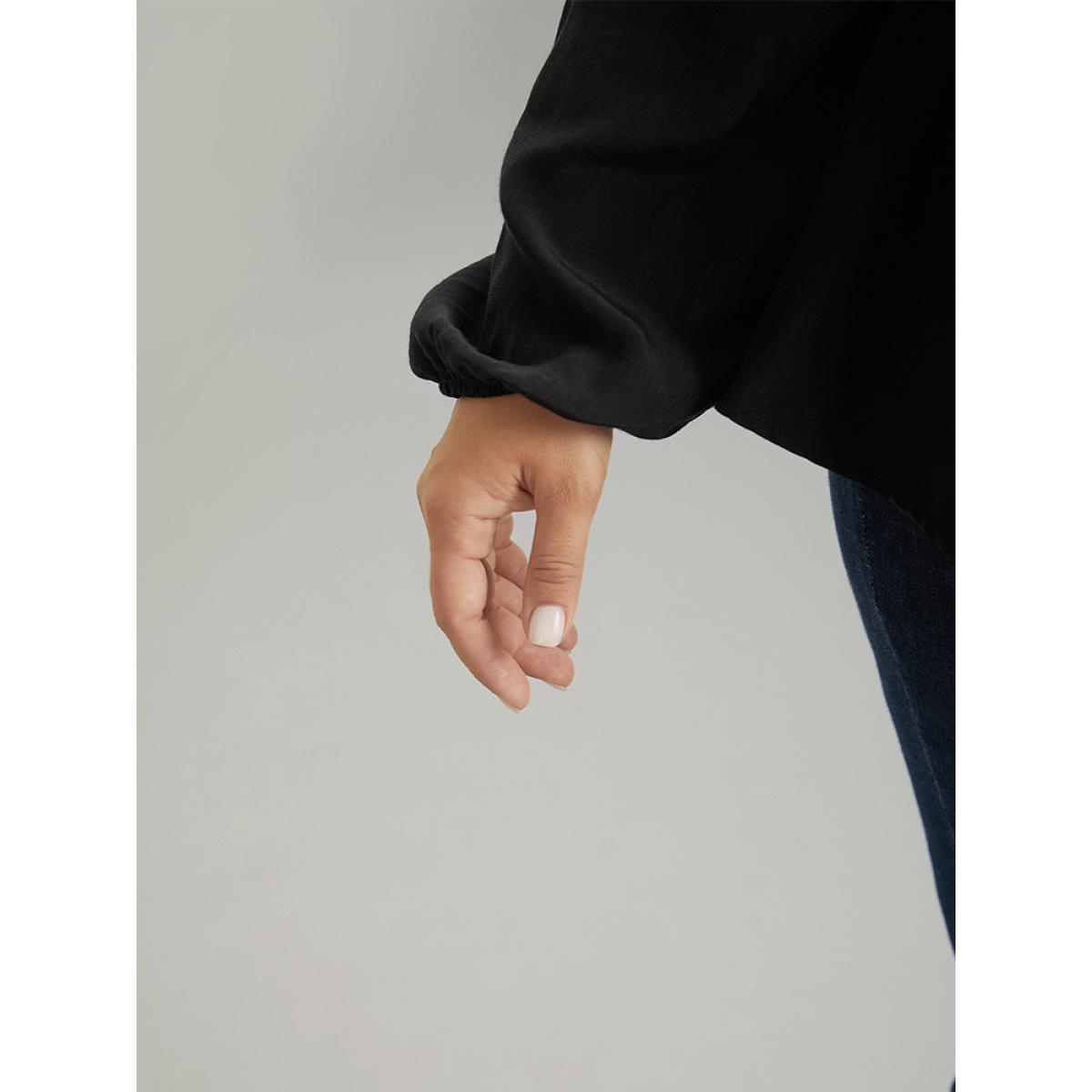 Plus Size Black Solid Frill Trim Shirred Flutter Hem Blouse Women Elegant Long Sleeve Notched collar Dailywear Blouses BloomChic 30/6X Product Image