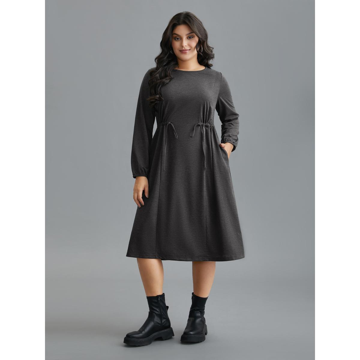 Plus Size Elastic Waist Tie Round Neck Knit Midi Dress DarkGray Women Casual Drawstring Knit Dresses Bloomchic 26/4X Product Image