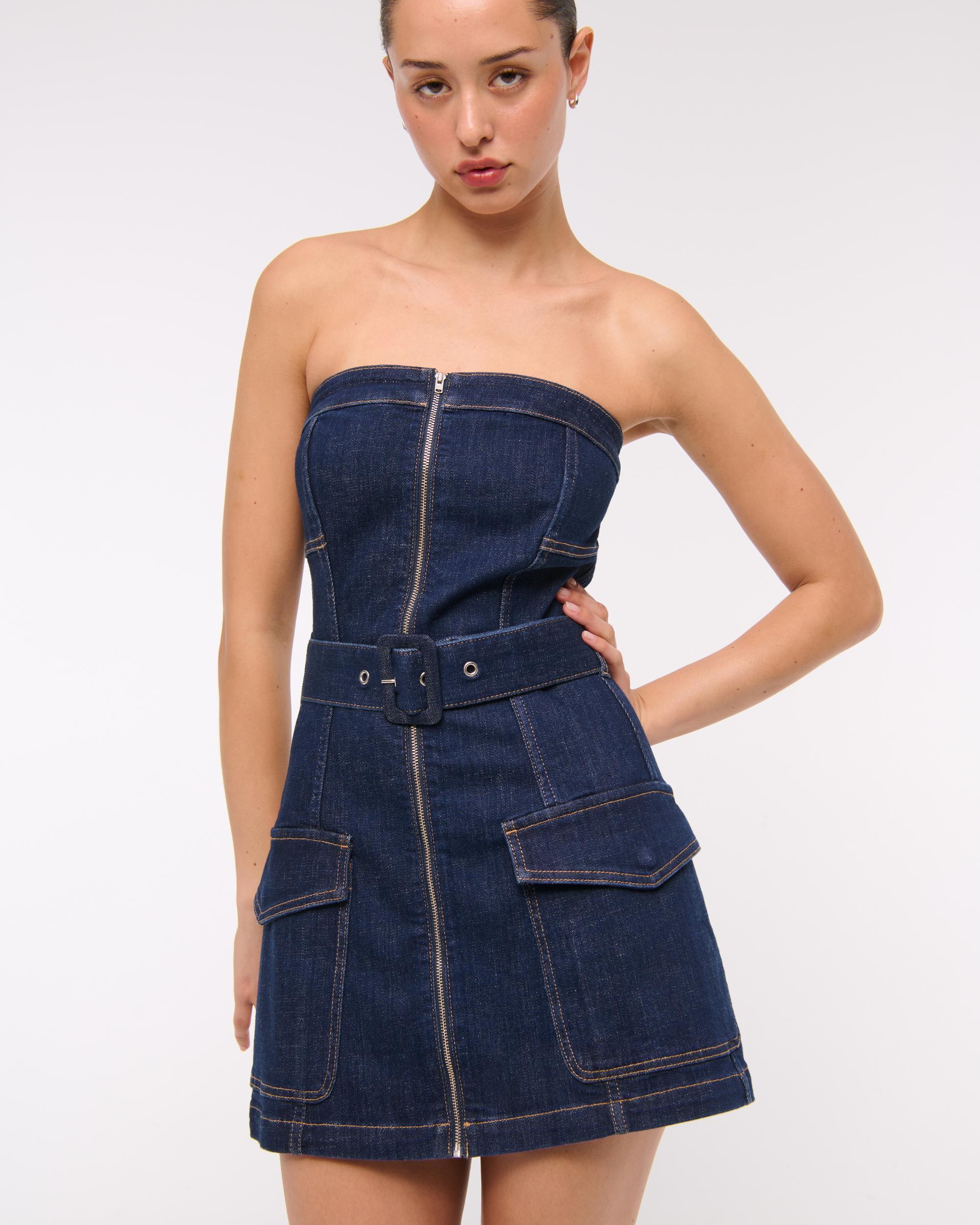 Strapless Belted Denim Mini Dress Product Image
